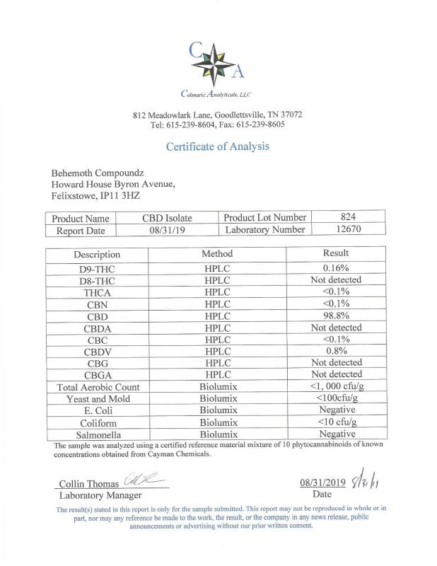 BEHEMOTH LABZ Purity Certificate - CBD Samples,CBD