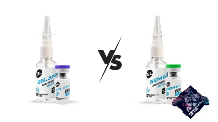 Side-by-side nasal spray bottles and vials labeled 'Selank' (400 µg/spray) and 'Semax' (300 µg/spray), separated by a 'VS' graphic.